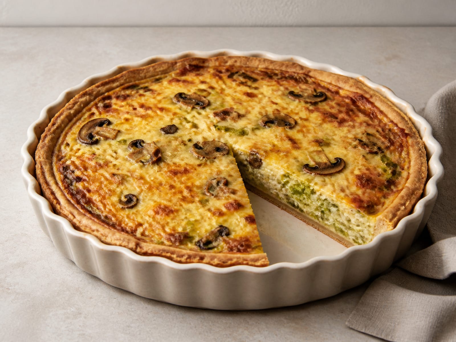 Quiche met prei, paddenstoelen en oude kaas